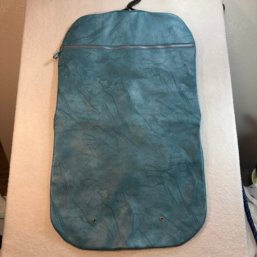 American Tourister Vintage Garment Bag Teal Blue Faux Leather Travel Suit Cover